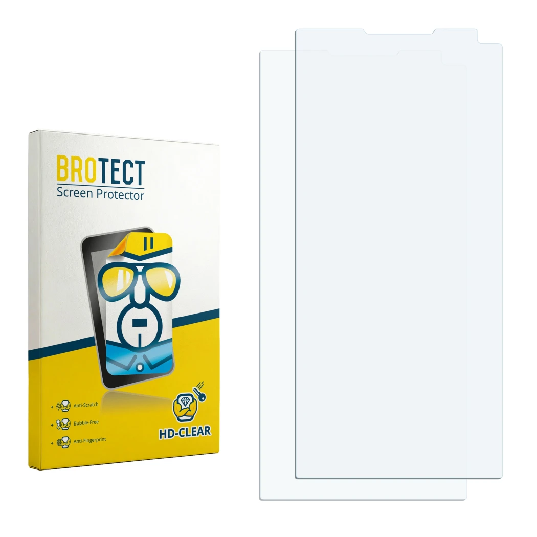 Parte frontale di una confezione del prodotto con il logo del marchio BROTECT. Accanto si trova la protezione per lo schermo c
