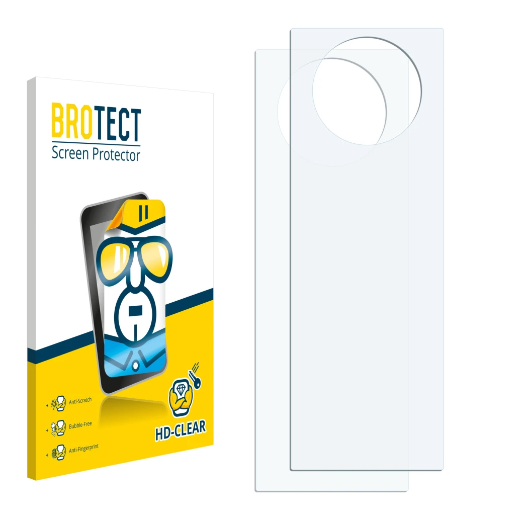 Parte frontale di una confezione del prodotto con il logo del marchio BROTECT. Accanto si trova la protezione per lo schermo c