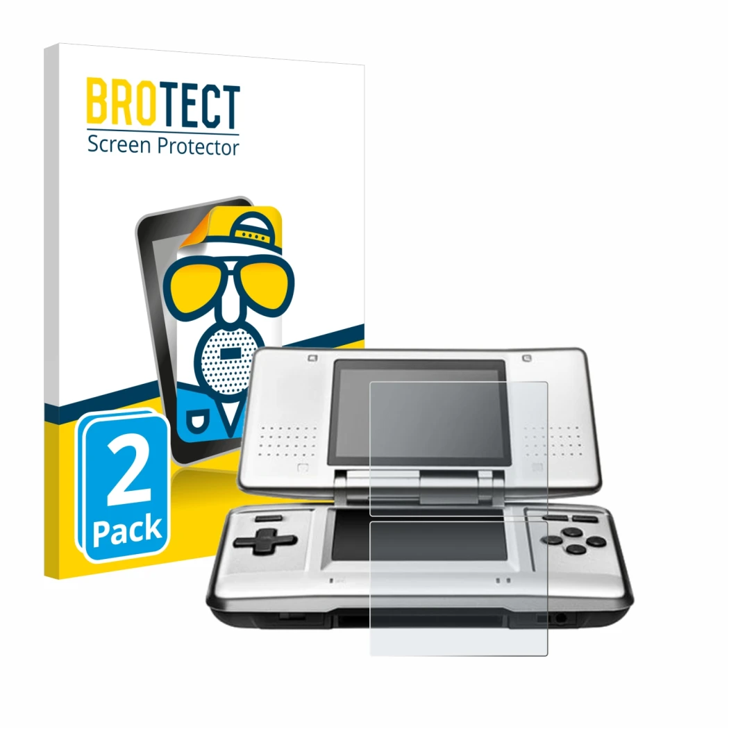 Parte frontale di una confezione del prodotto con il logo del marchio BROTECT. Accanto è raffigurato il dispositivo Nintendo D