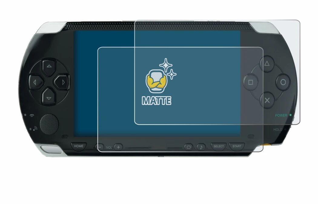 Immagine del dispositivo Sony PSP 1000 con un'ampia varietà di protezioni per lo schermo.
