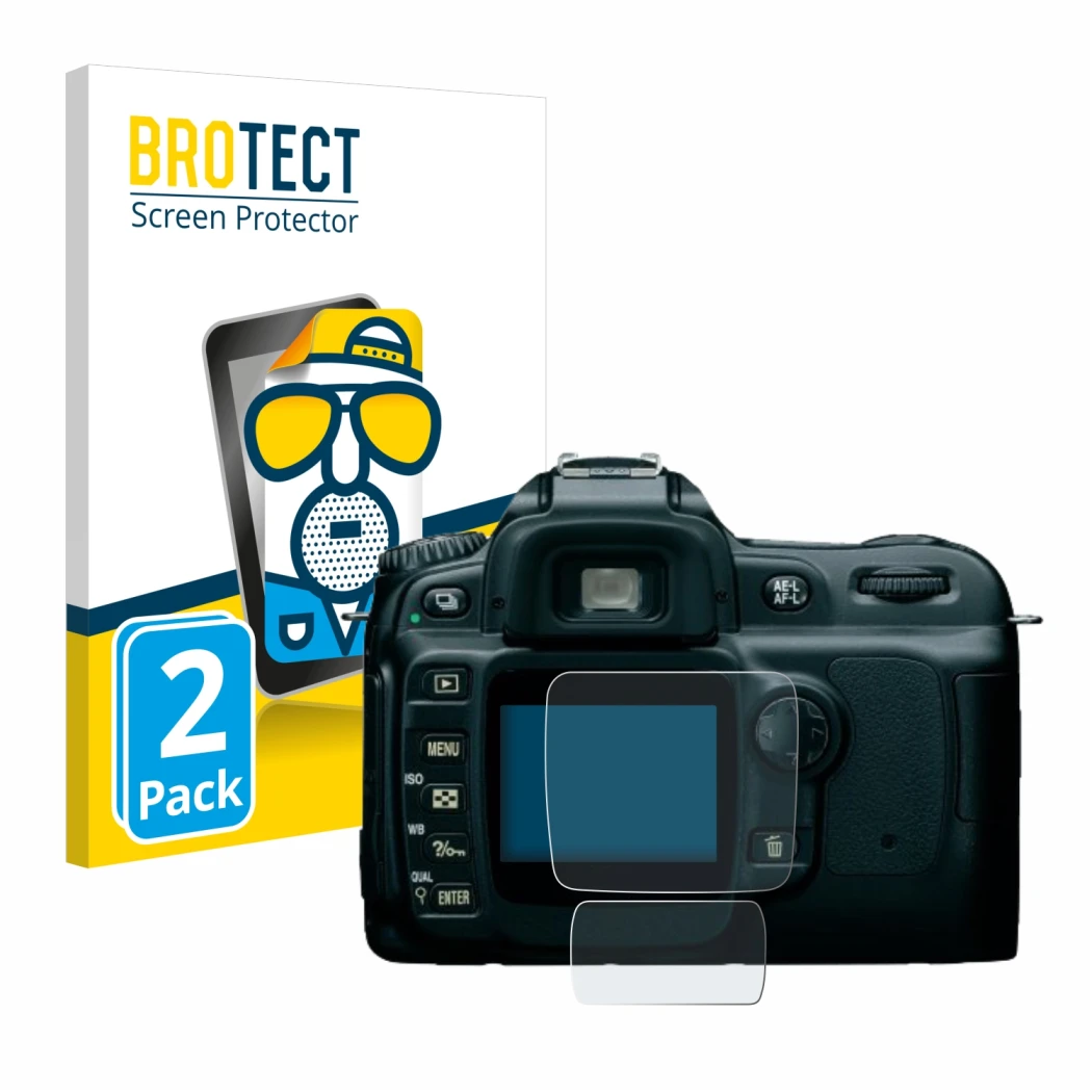 Parte frontale di una confezione del prodotto con il logo del marchio BROTECT. Accanto è raffigurato il dispositivo Nikon D50