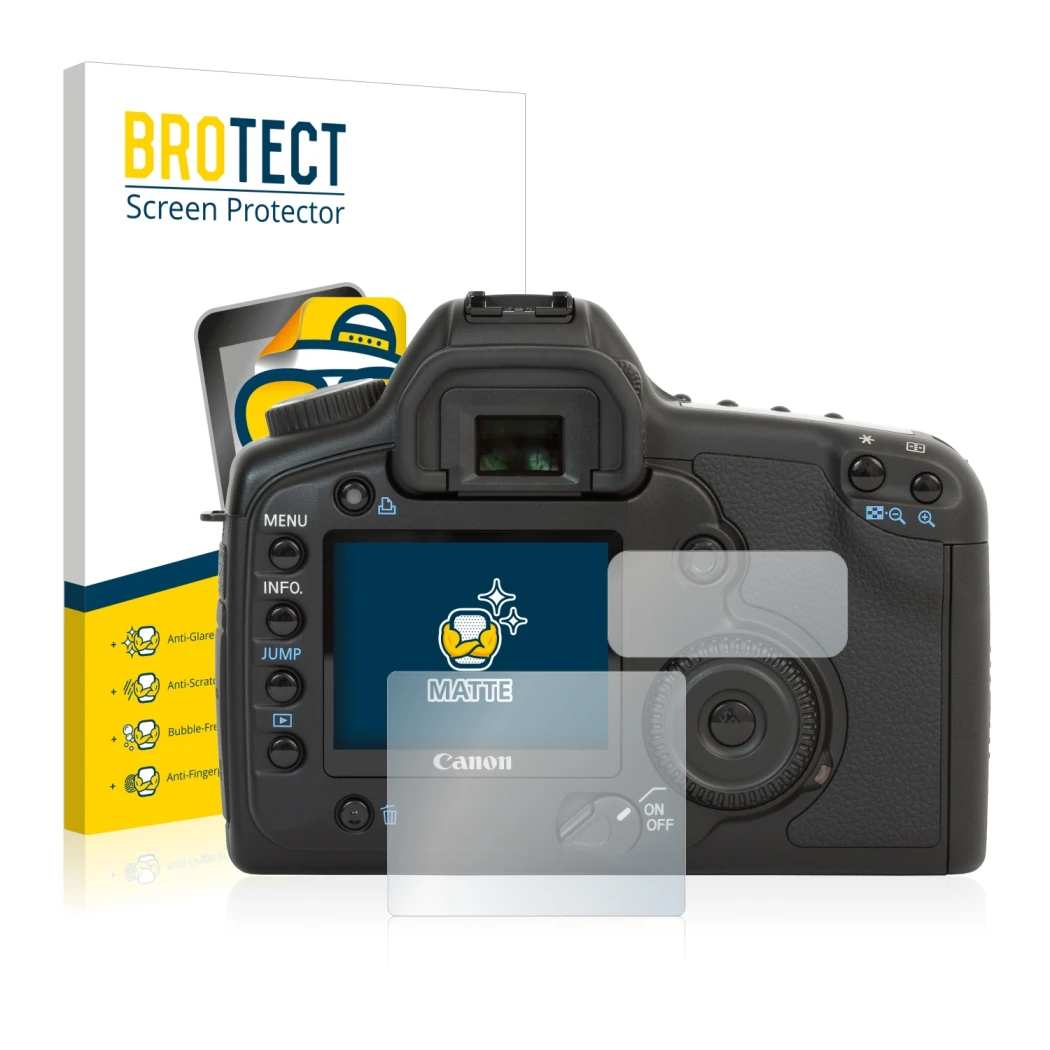 Parte frontale di una confezione del prodotto con il logo del marchio BROTECT. Accanto è raffigurato il dispositivo Canon EOS
