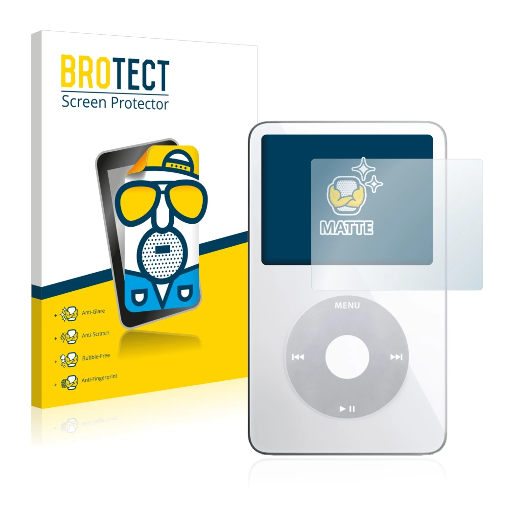 Parte frontale di una confezione del prodotto con il logo del marchio BROTECT. Accanto è raffigurato il dispositivo Apple iPod