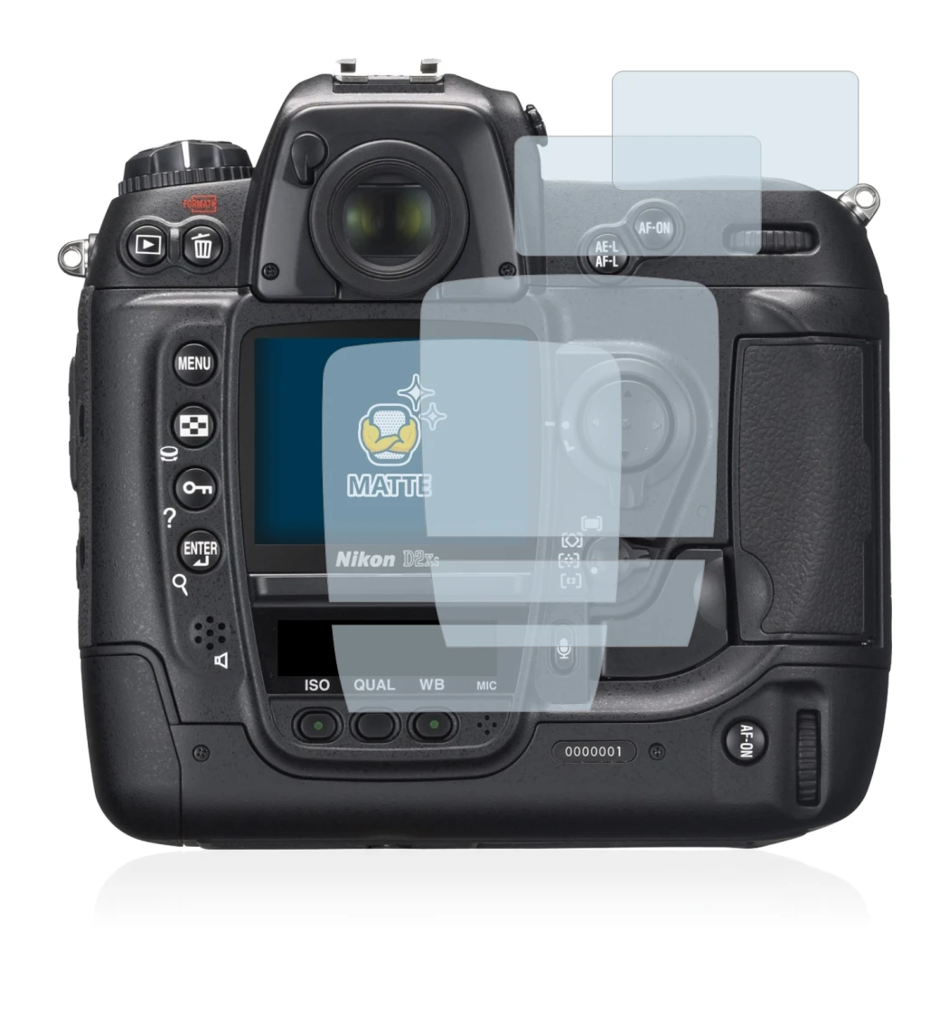 Immagine del dispositivo Nikon D2X con un'ampia varietà di protezioni per lo schermo.