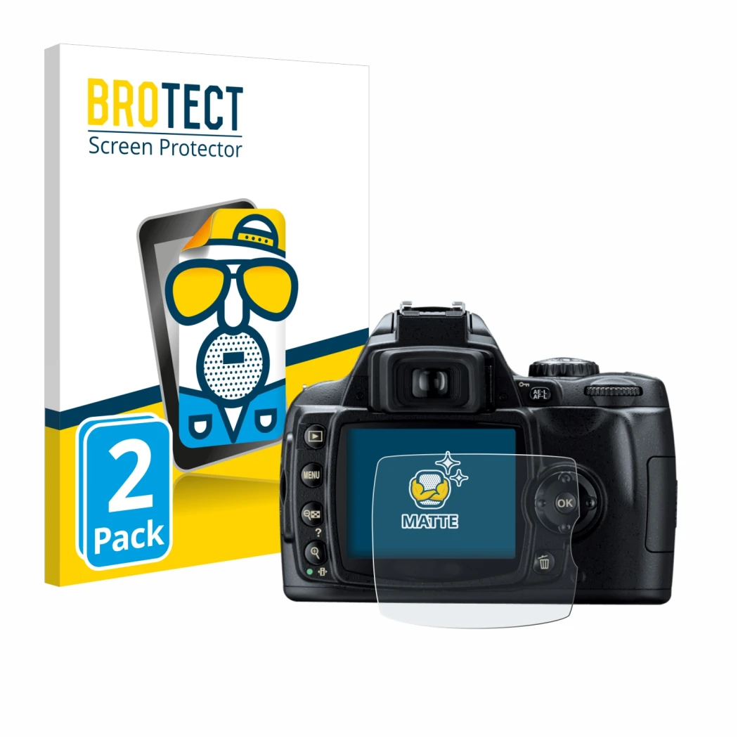 Parte frontale di una confezione del prodotto con il logo del marchio BROTECT. Accanto è raffigurato il dispositivo Nikon D40