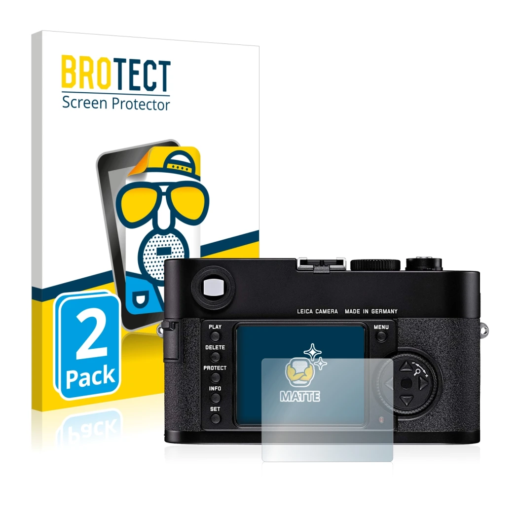 Parte frontale di una confezione del prodotto con il logo del marchio BROTECT. Accanto è raffigurato il dispositivo Leica M8 c