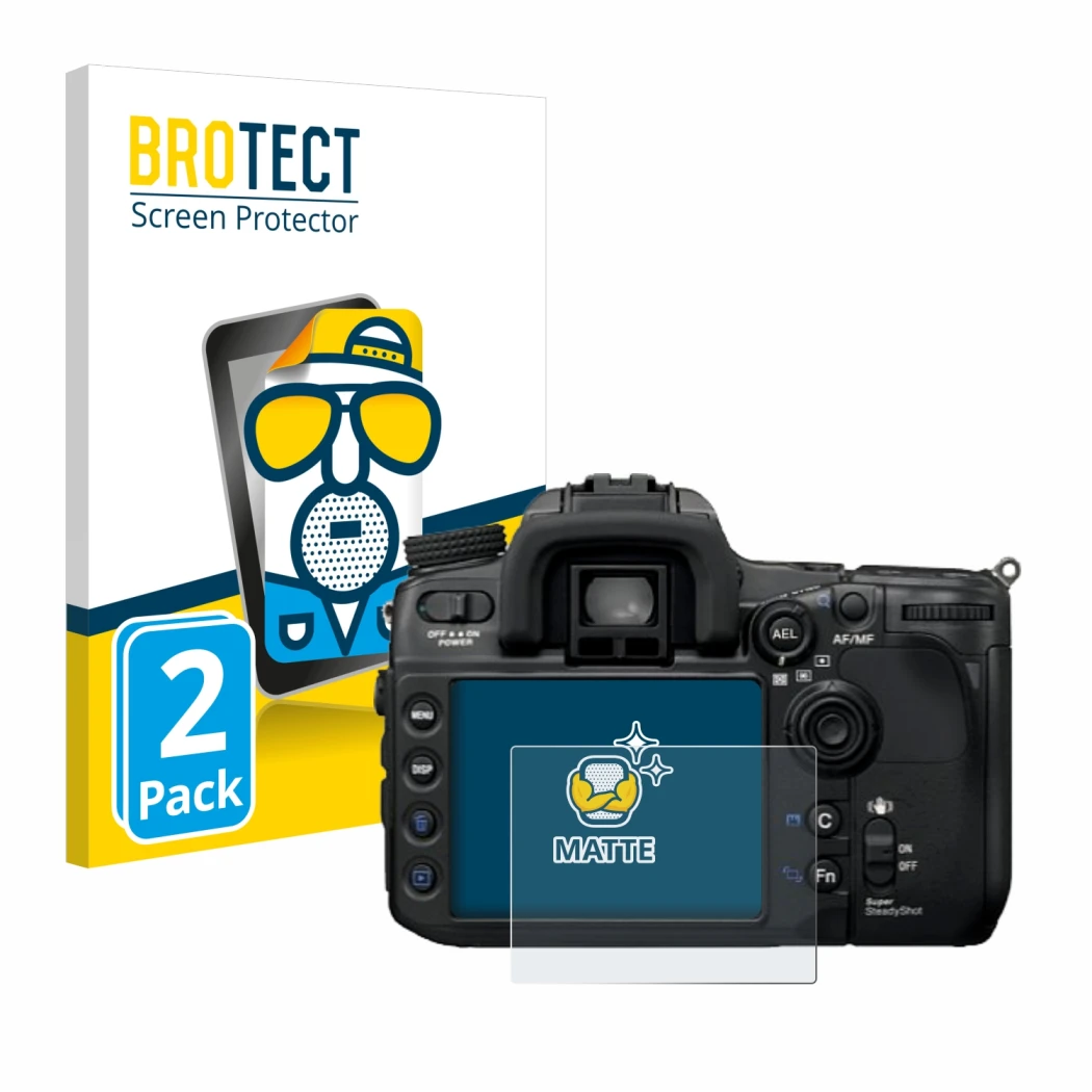 Parte frontale di una confezione del prodotto con il logo del marchio BROTECT. Accanto è raffigurato il dispositivo Sony Alpha