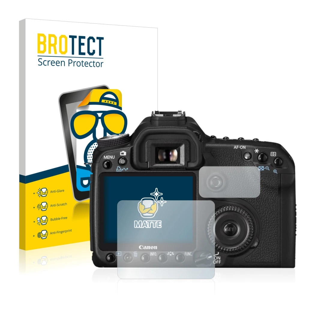 Parte frontale di una confezione del prodotto con il logo del marchio BROTECT. Accanto è raffigurato il dispositivo Canon EOS