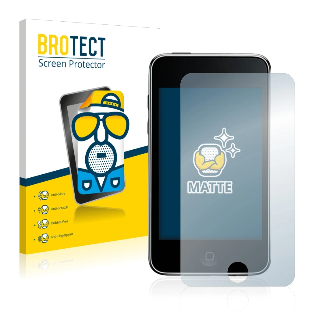Parte frontale di una confezione del prodotto con il logo del marchio BROTECT. Accanto è raffigurato il dispositivo Apple iPod