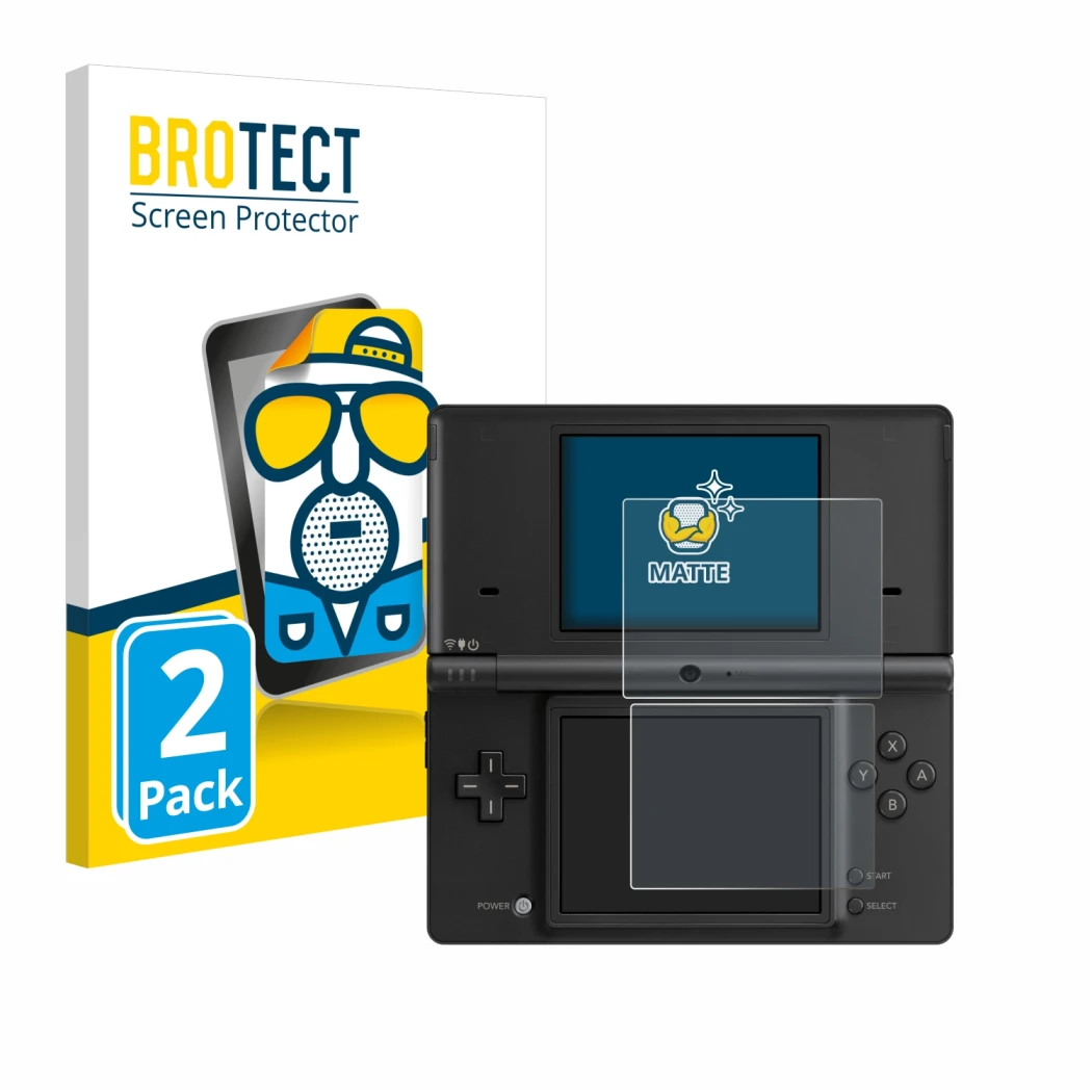Parte frontale di una confezione del prodotto con il logo del marchio BROTECT. Accanto è raffigurato il dispositivo Nintendo D