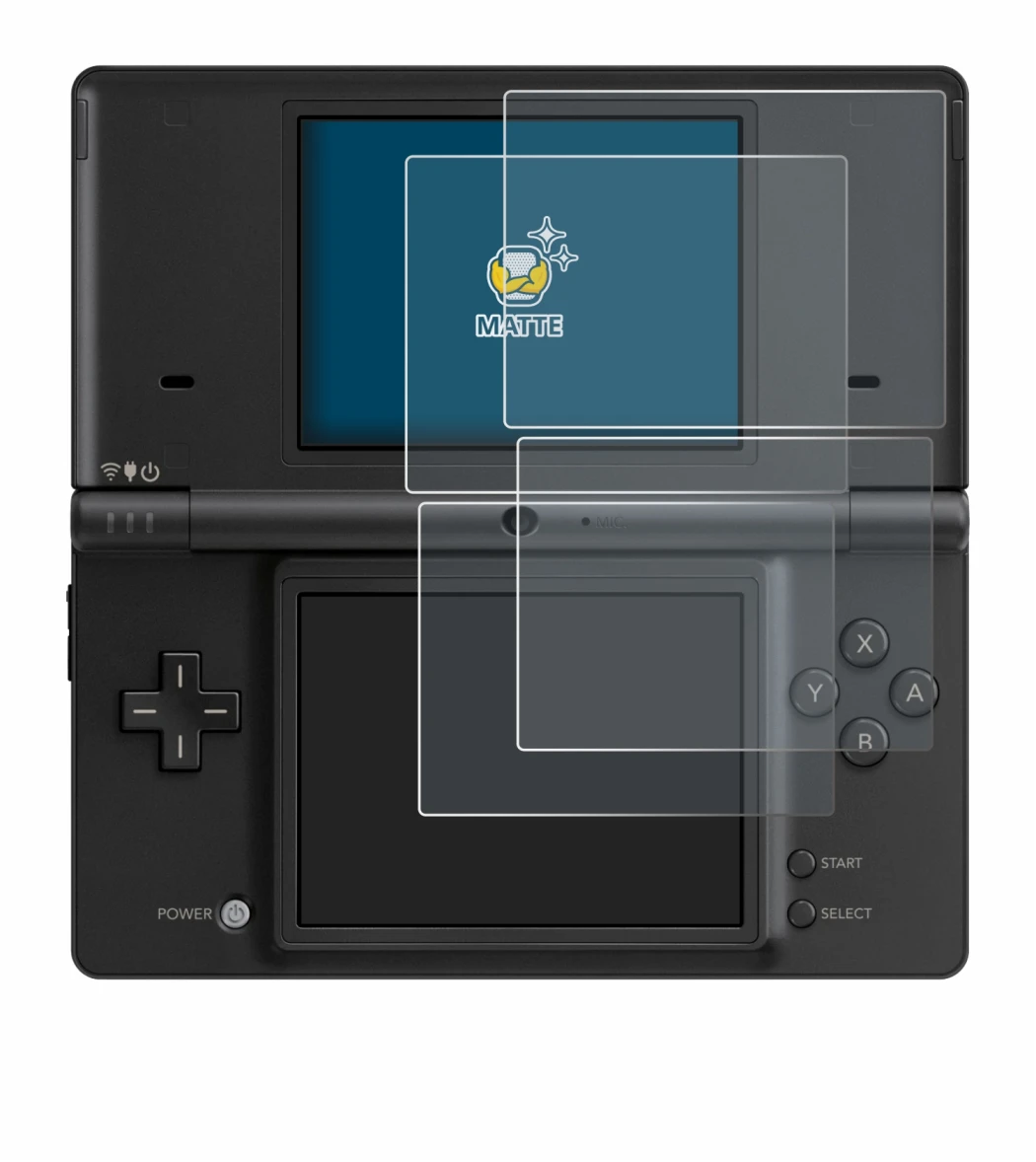 Immagine del dispositivo Nintendo DSi con un'ampia varietà di protezioni per lo schermo.