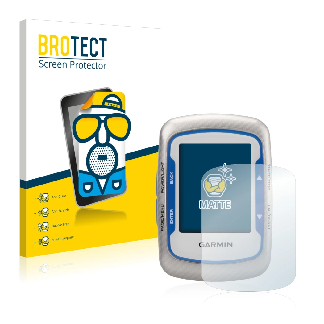Parte frontale di una confezione del prodotto con il logo del marchio BROTECT. Accanto è raffigurato il dispositivo Garmin Edg