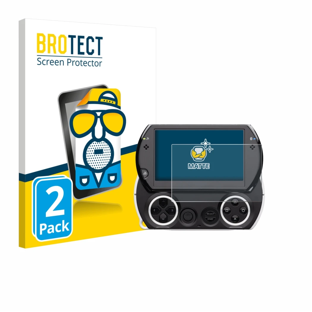 Parte frontale di una confezione del prodotto con il logo del marchio BROTECT. Accanto è raffigurato il dispositivo Sony PSP G