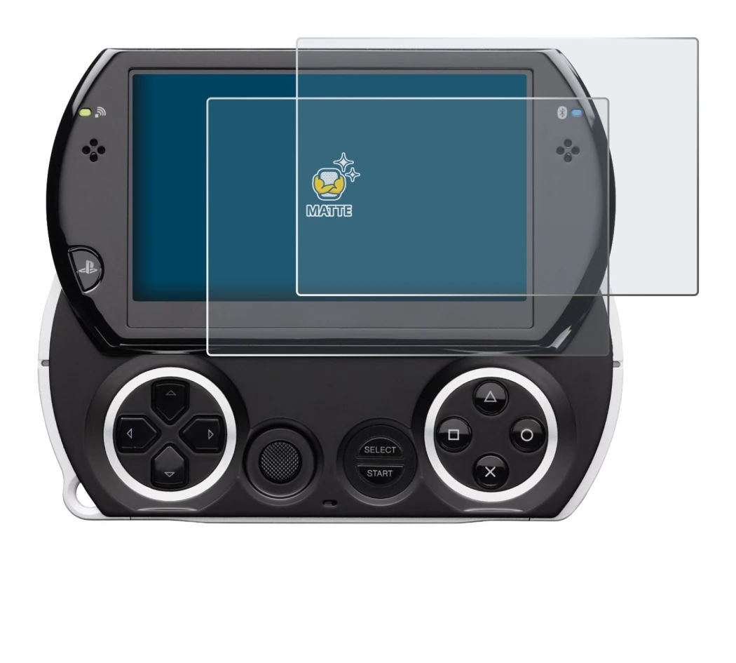Immagine del dispositivo Sony PSP Go con un'ampia varietà di protezioni per lo schermo.