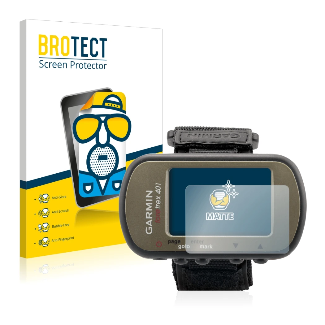Parte frontale di una confezione del prodotto con il logo del marchio BROTECT. Accanto è raffigurato il dispositivo Garmin For