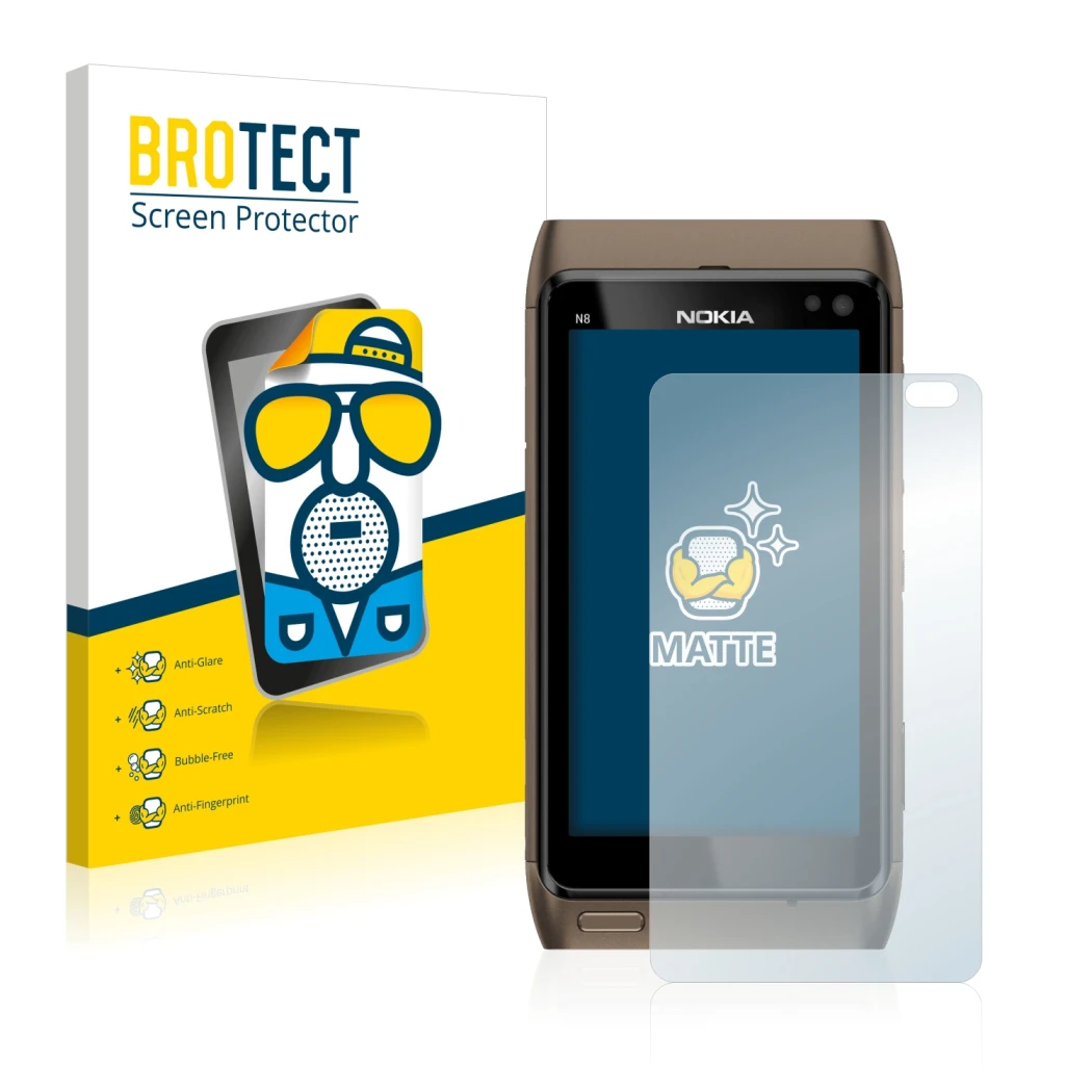 Parte frontale di una confezione del prodotto con il logo del marchio BROTECT. Accanto è raffigurato il dispositivo Nokia n8 c