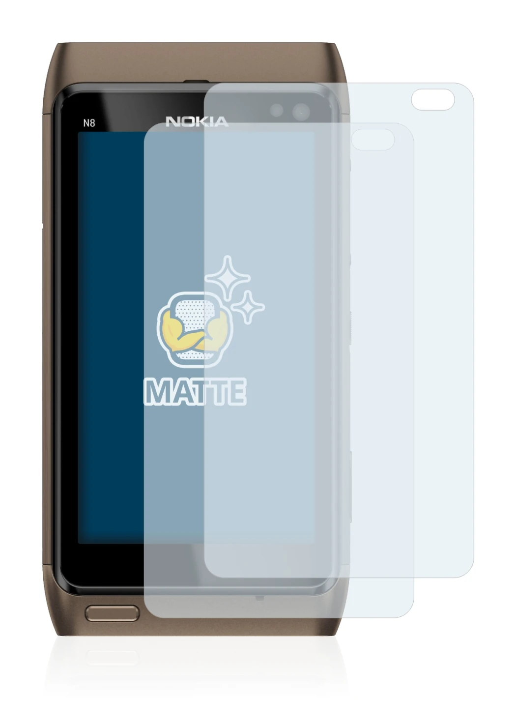Immagine del dispositivo Nokia n8 con un'ampia varietà di protezioni per lo schermo.