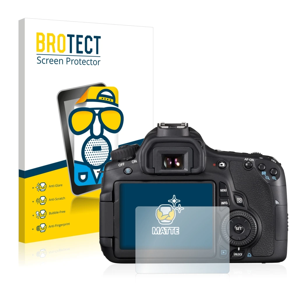 Parte frontale di una confezione del prodotto con il logo del marchio BROTECT. Accanto è raffigurato il dispositivo Canon EOS 