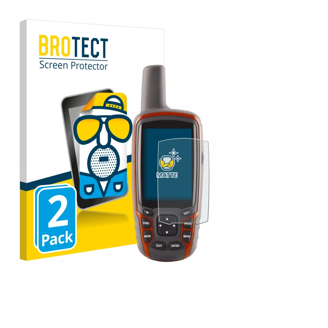 Parte frontale di una confezione del prodotto con il logo del marchio BROTECT. Accanto è raffigurato il dispositivo Garmin GPS