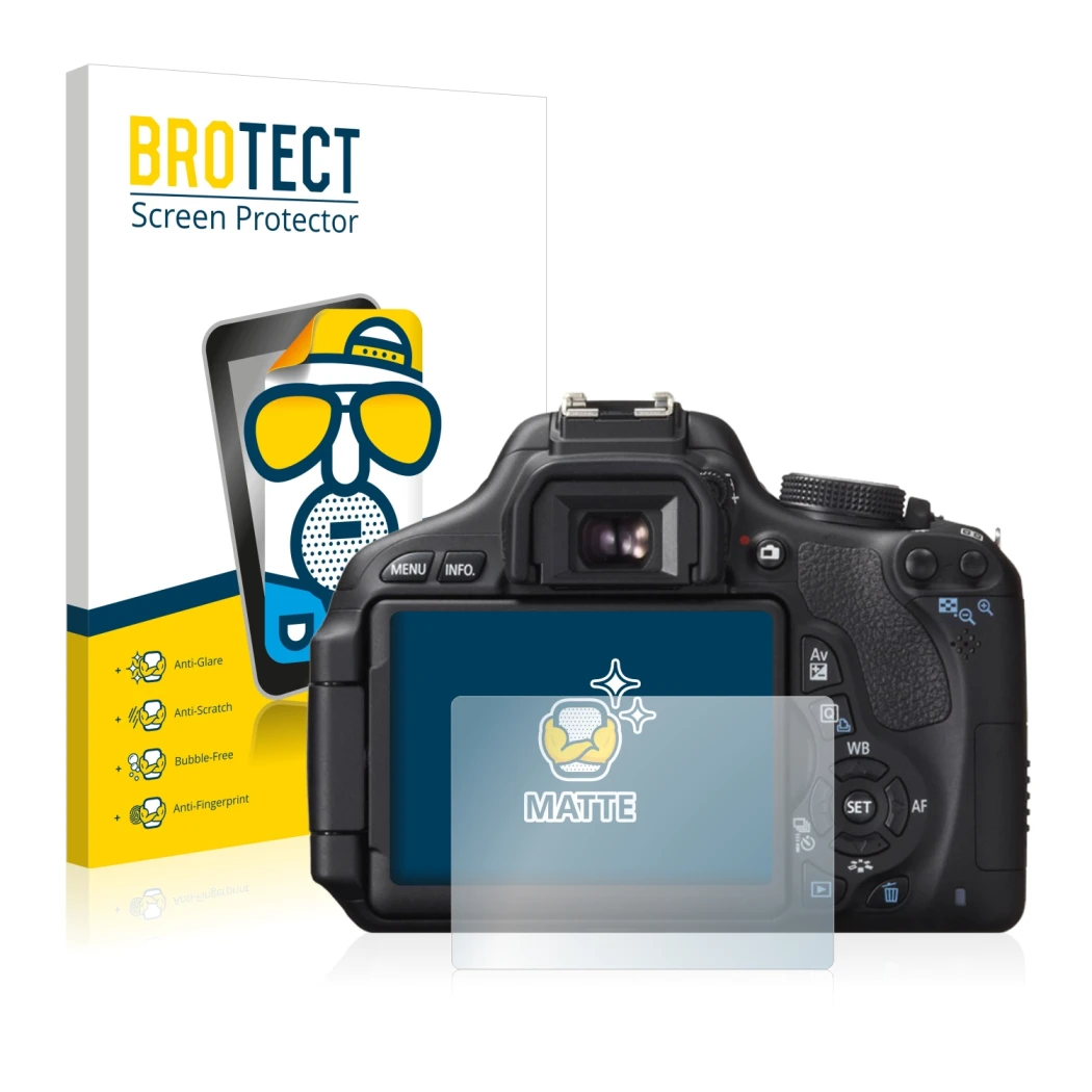 Parte frontale di una confezione del prodotto con il logo del marchio BROTECT. Accanto è raffigurato il dispositivo Canon EOS