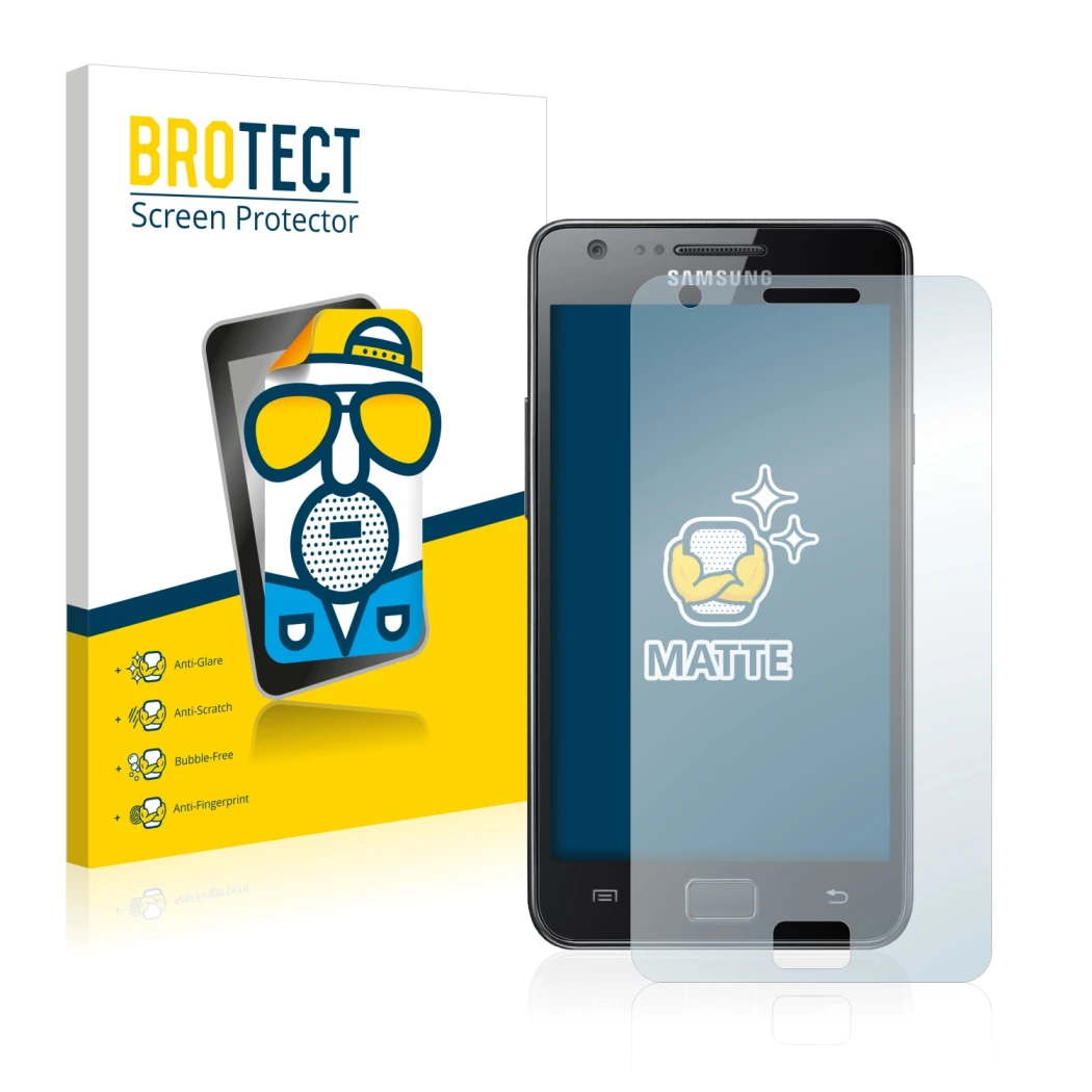 Parte frontale di una confezione del prodotto con il logo del marchio BROTECT. Accanto è raffigurato il dispositivo Samsung Ga