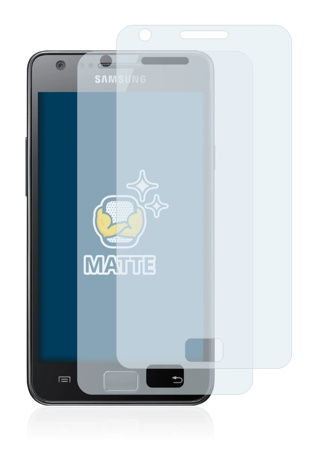 Immagine del dispositivo Samsung Galaxy S2 con un'ampia varietà di protezioni per lo schermo.