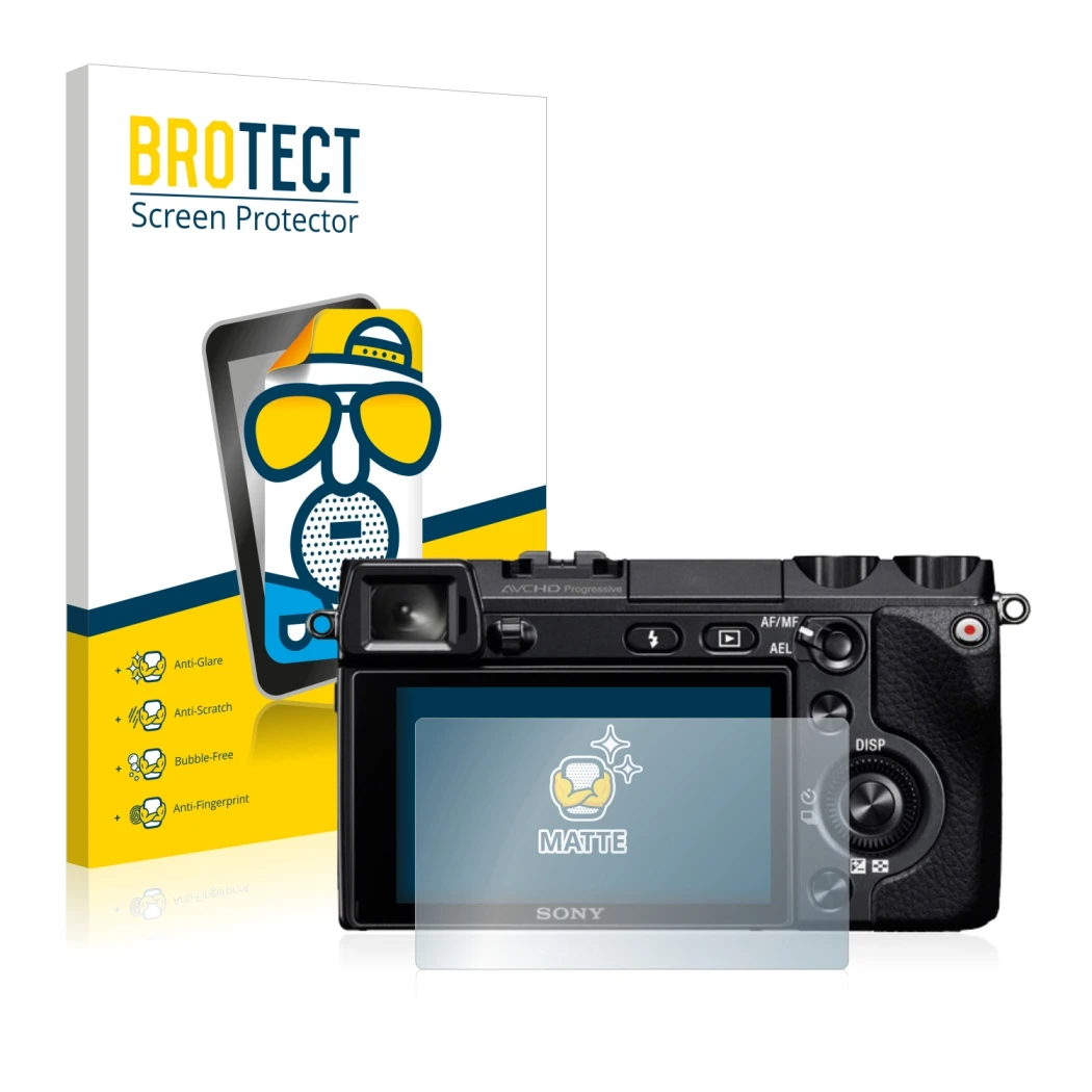 Parte frontale di una confezione del prodotto con il logo del marchio BROTECT. Accanto è raffigurato il dispositivo Sony Alpha