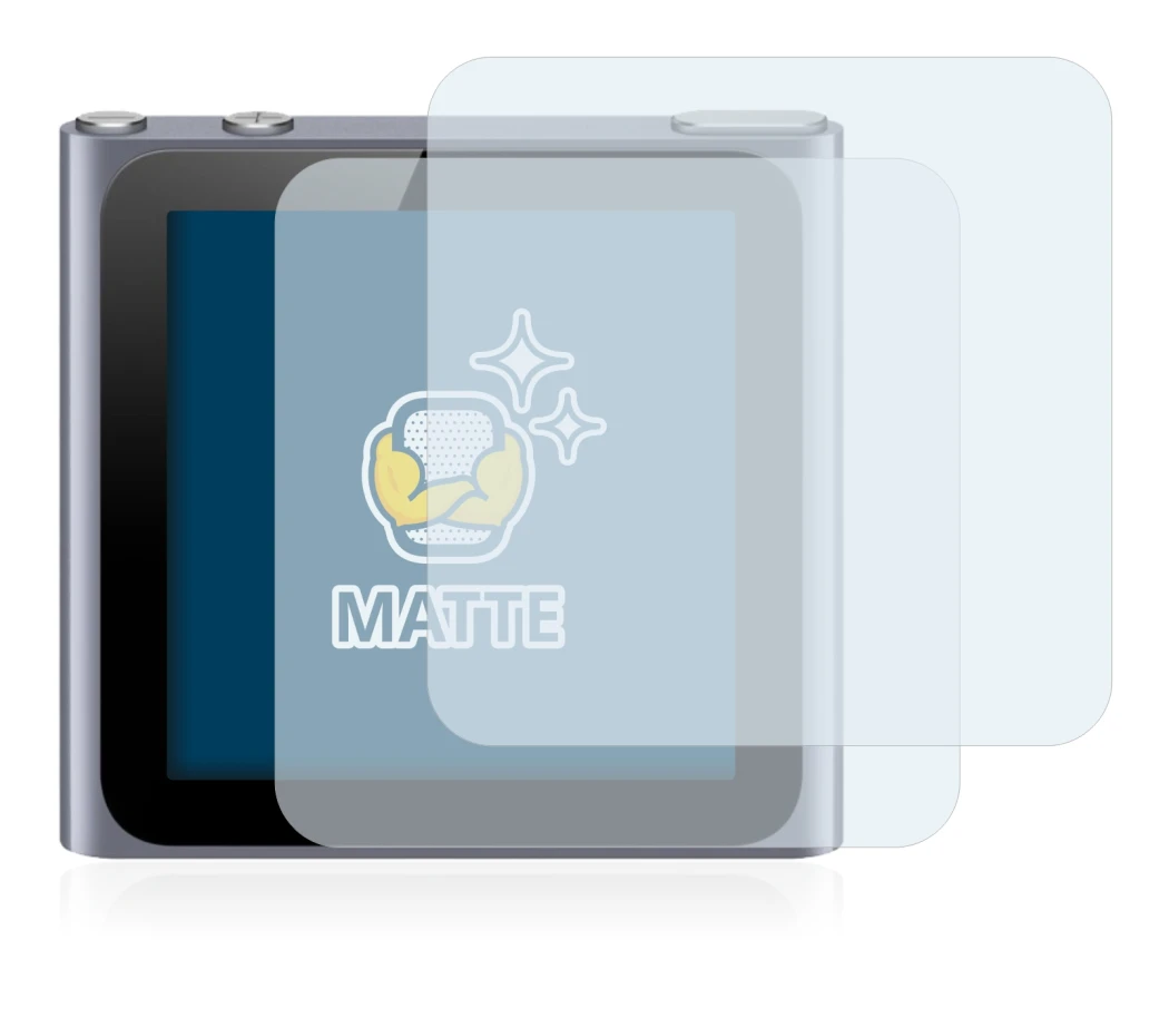 Immagine del dispositivo Apple iPod nano 2011 (6a. Gen.) con un'ampia varietà di protezioni per lo schermo.