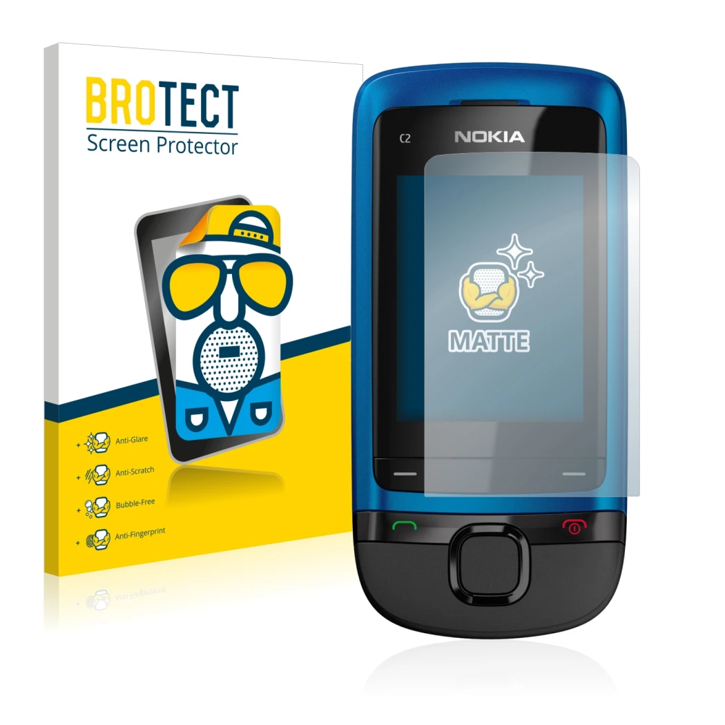 Parte frontale di una confezione del prodotto con il logo del marchio BROTECT. Accanto è raffigurato il dispositivo Nokia C2-0