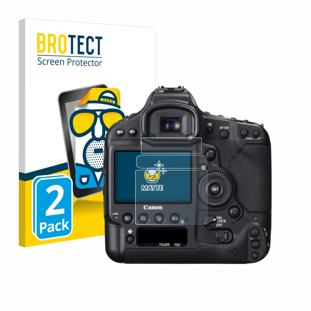 Parte frontale di una confezione del prodotto con il logo del marchio BROTECT. Accanto è raffigurato il dispositivo Canon EOS 