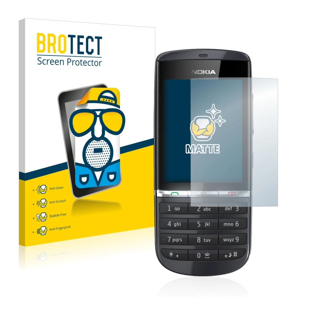 Parte frontale di una confezione del prodotto con il logo del marchio BROTECT. Accanto è raffigurato il dispositivo Nokia Asha