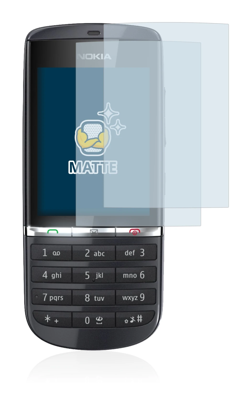 Immagine del dispositivo Nokia Asha 300 con un'ampia varietà di protezioni per lo schermo.