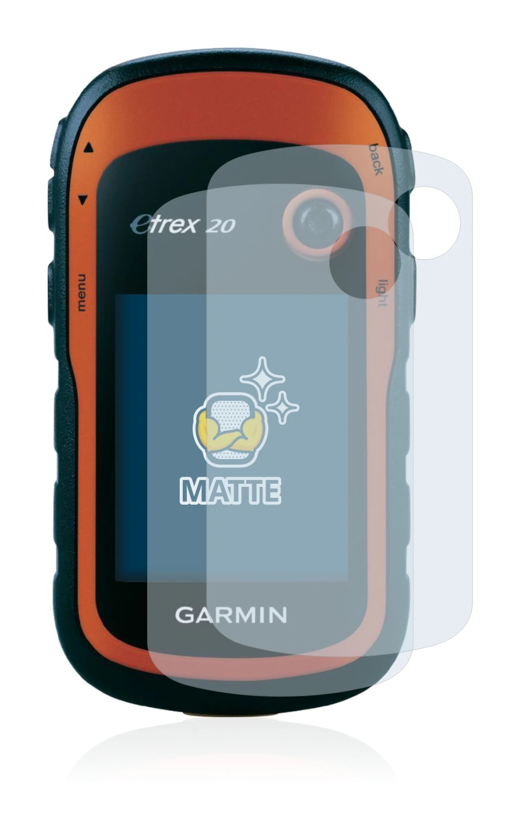 Immagine del dispositivo Garmin eTrex 20 con un'ampia varietà di protezioni per lo schermo.