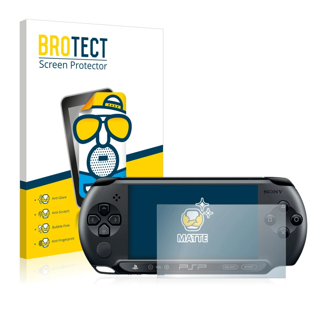 Parte frontale di una confezione del prodotto con il logo del marchio BROTECT. Accanto è raffigurato il dispositivo Sony PSP S