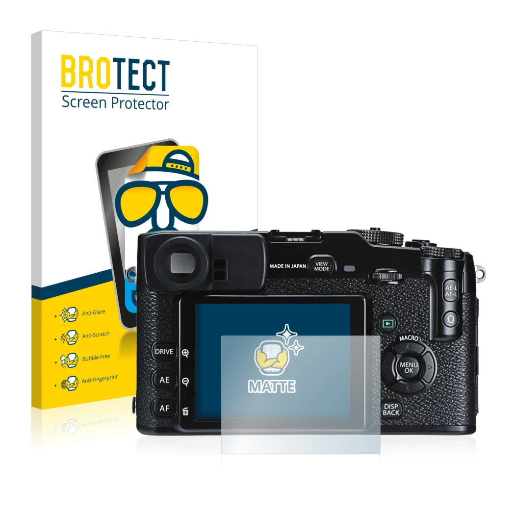 Parte frontale di una confezione del prodotto con il logo del marchio BROTECT. Accanto è raffigurato il dispositivo Fujifilm X