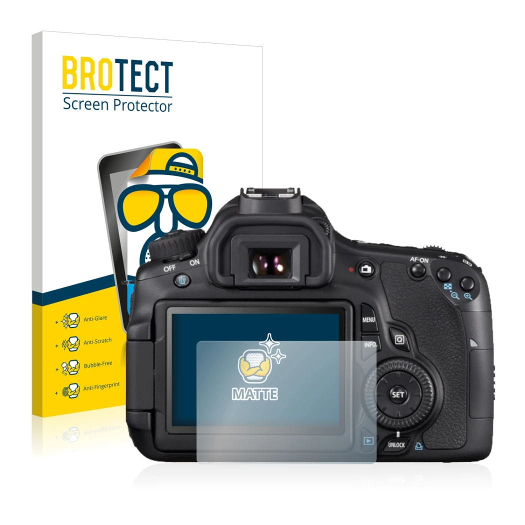 Parte frontale di una confezione del prodotto con il logo del marchio BROTECT. Accanto è raffigurato il dispositivo Canon EOS 