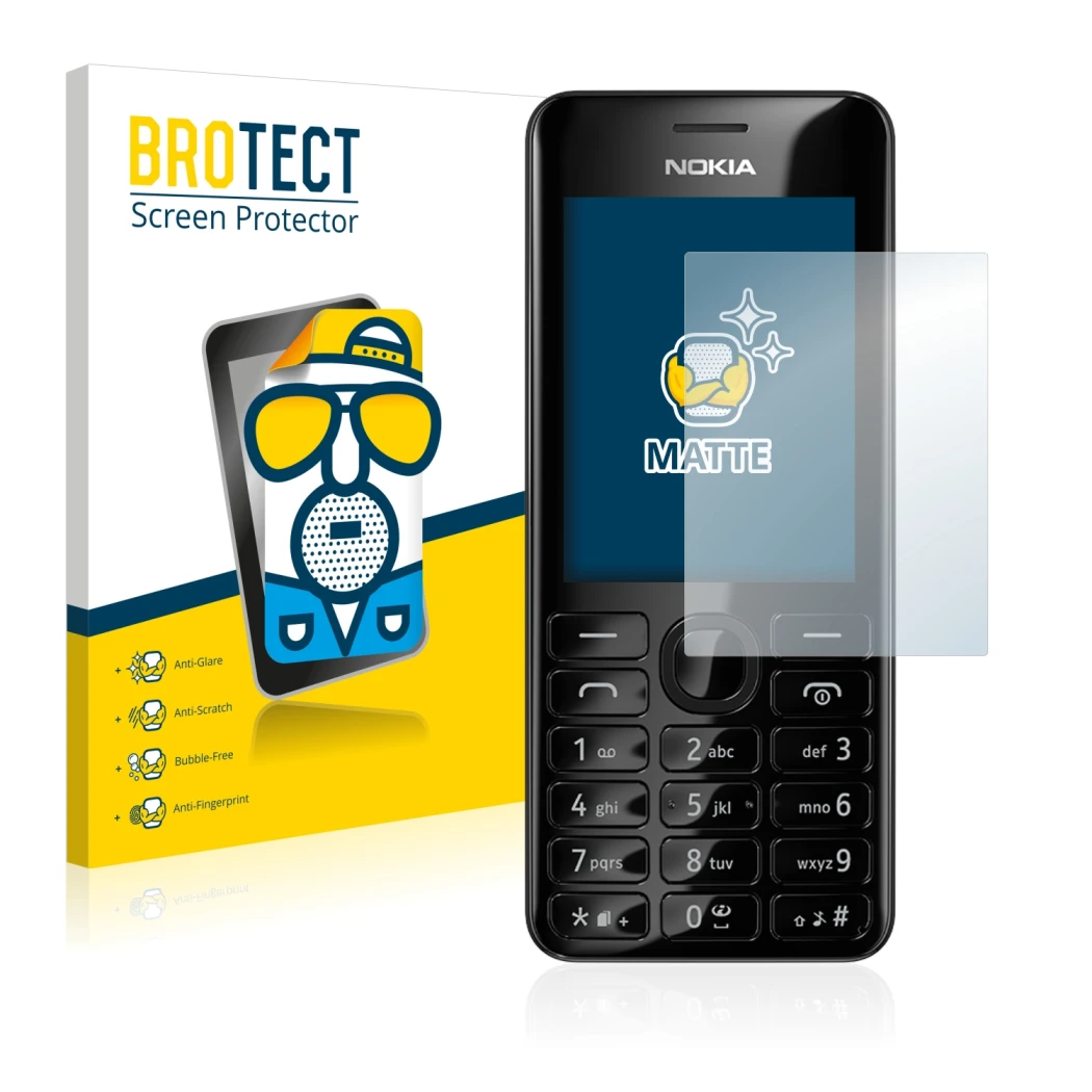 Parte frontale di una confezione del prodotto con il logo del marchio BROTECT. Accanto è raffigurato il dispositivo Nokia 206