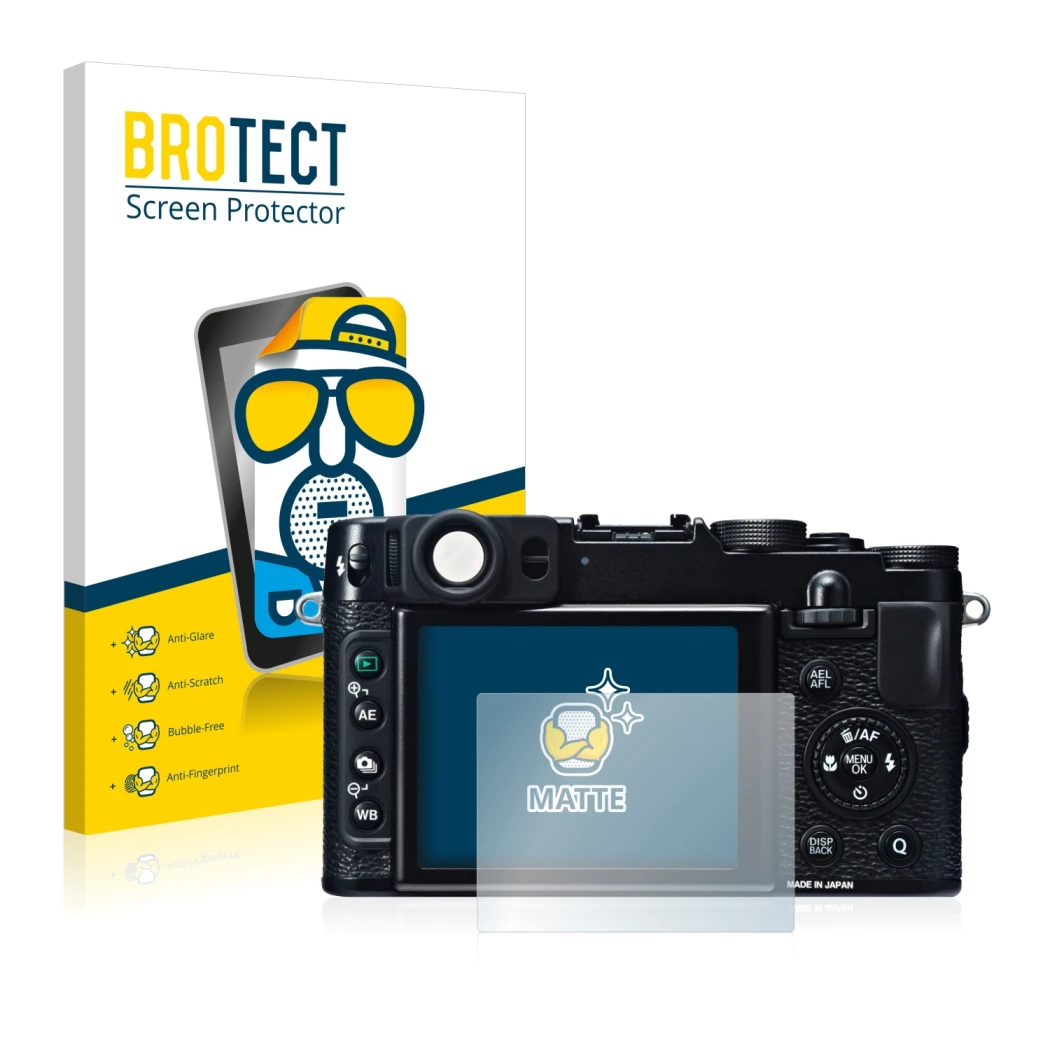 Parte frontale di una confezione del prodotto con il logo del marchio BROTECT. Accanto è raffigurato il dispositivo Fujifilm X