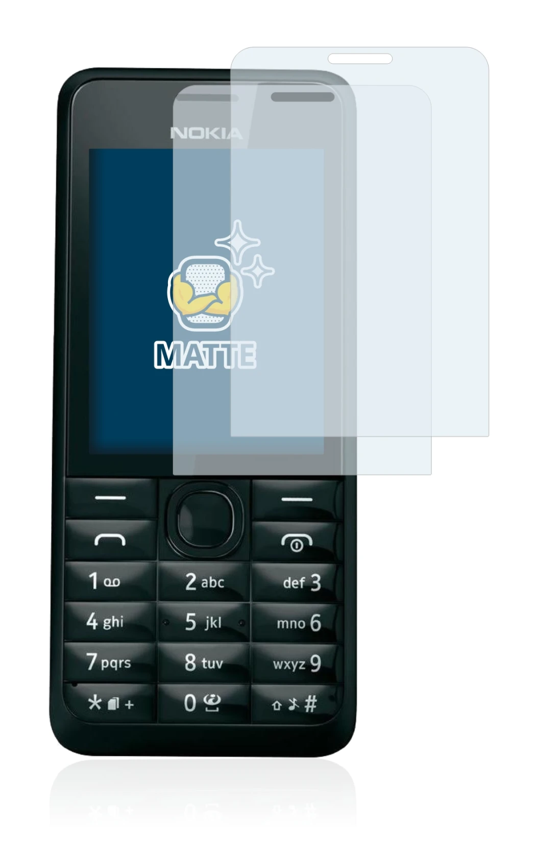 Immagine del dispositivo Nokia 301 con un'ampia varietà di protezioni per lo schermo.
