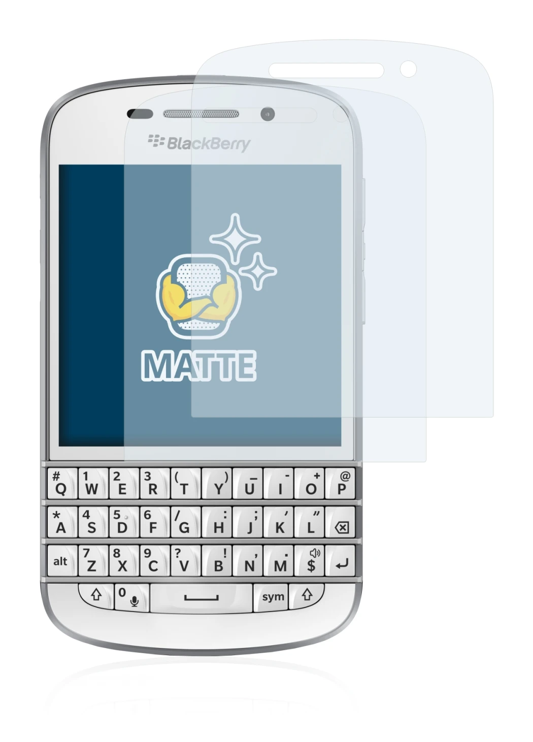 Immagine del dispositivo BlackBerry Q10 con un'ampia varietà di protezioni per lo schermo.