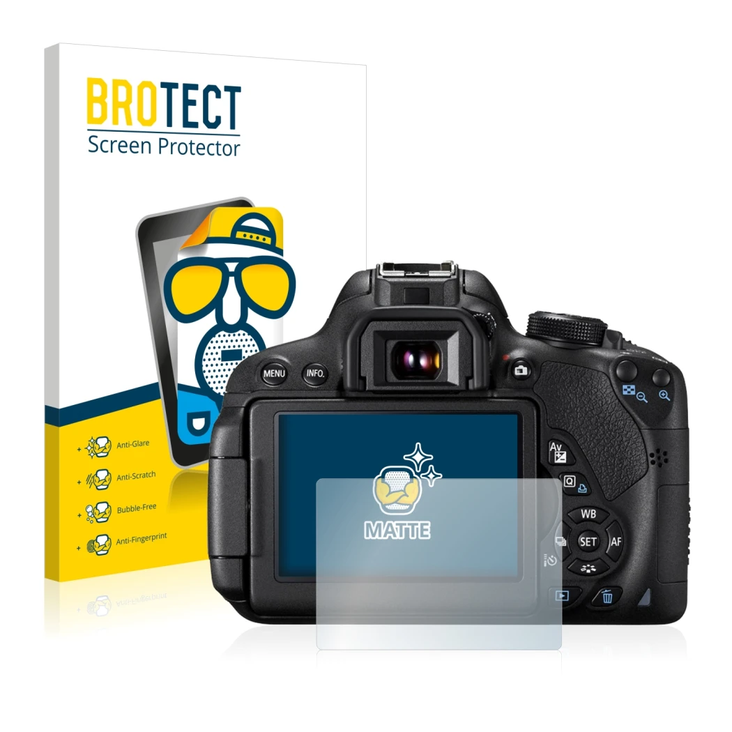 Parte frontale di una confezione del prodotto con il logo del marchio BROTECT. Accanto è raffigurato il dispositivo Canon EOS 