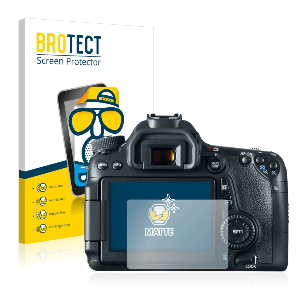 Parte frontale di una confezione del prodotto con il logo del marchio BROTECT. Accanto è raffigurato il dispositivo Canon EOS