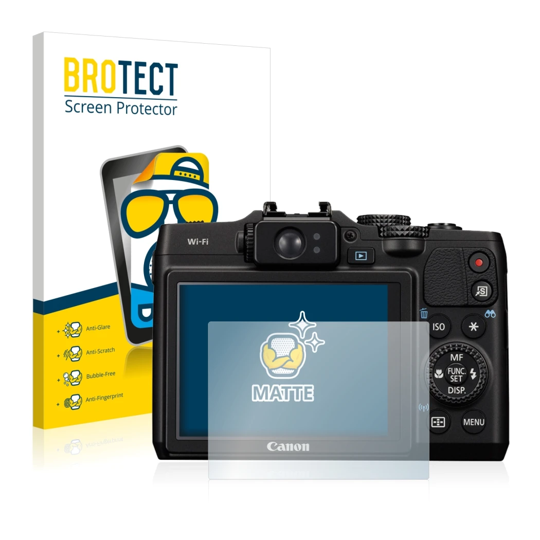 Parte frontale di una confezione del prodotto con il logo del marchio BROTECT. Accanto è raffigurato il dispositivo Canon Powe