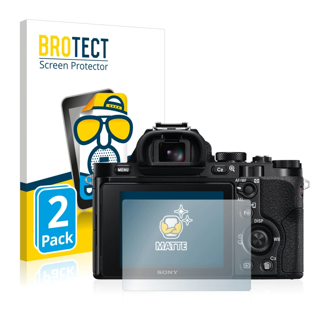 Parte frontale di una confezione del prodotto con il logo del marchio BROTECT. Accanto è raffigurato il dispositivo Sony Alpha