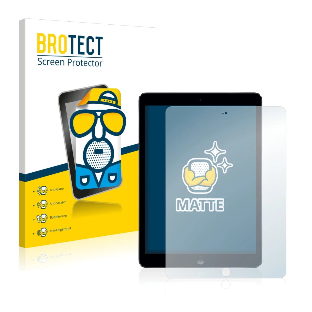 Parte frontale di una confezione del prodotto con il logo del marchio BROTECT. Accanto è raffigurato il dispositivo Apple iPad