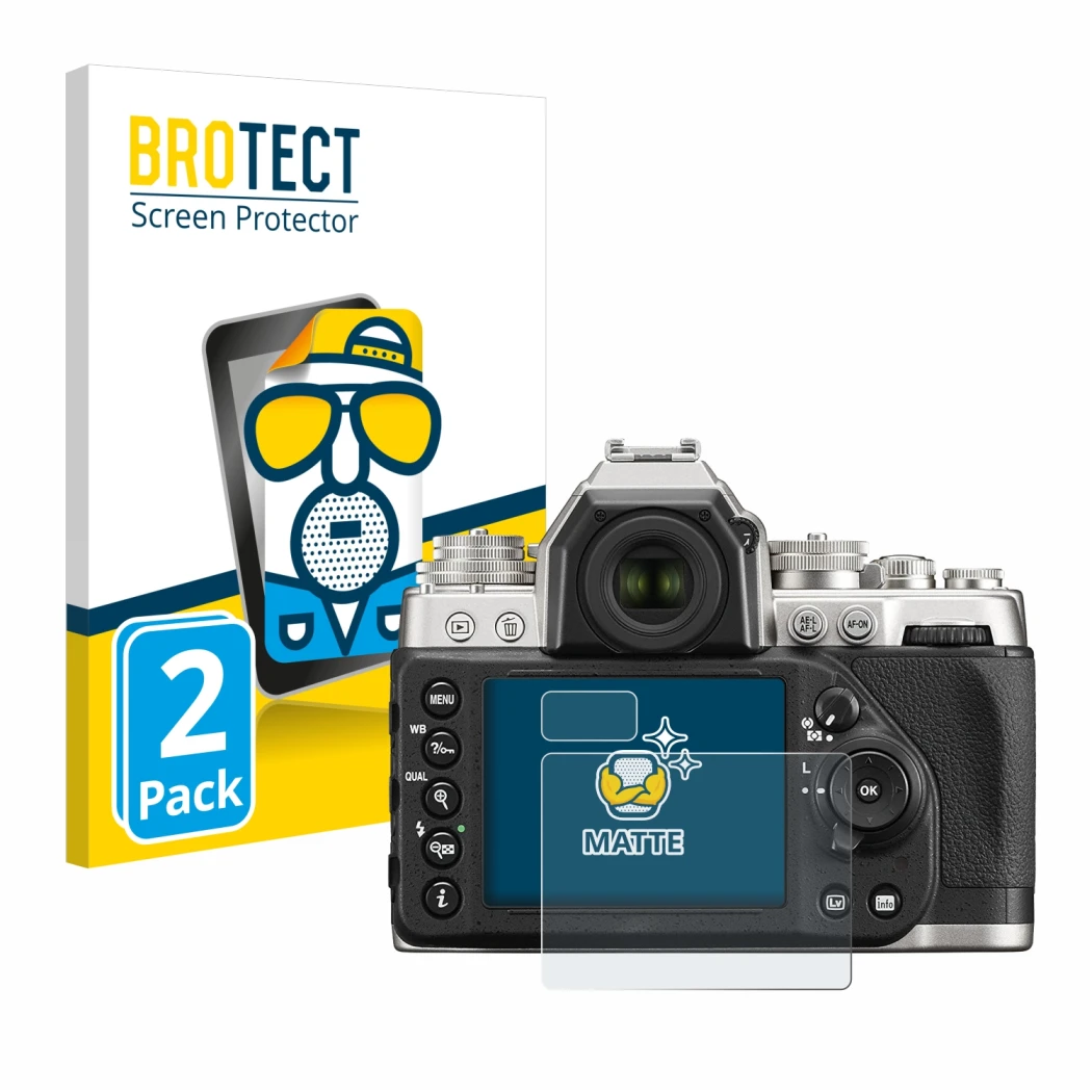 Parte frontale di una confezione del prodotto con il logo del marchio BROTECT. Accanto è raffigurato il dispositivo Nikon Df c