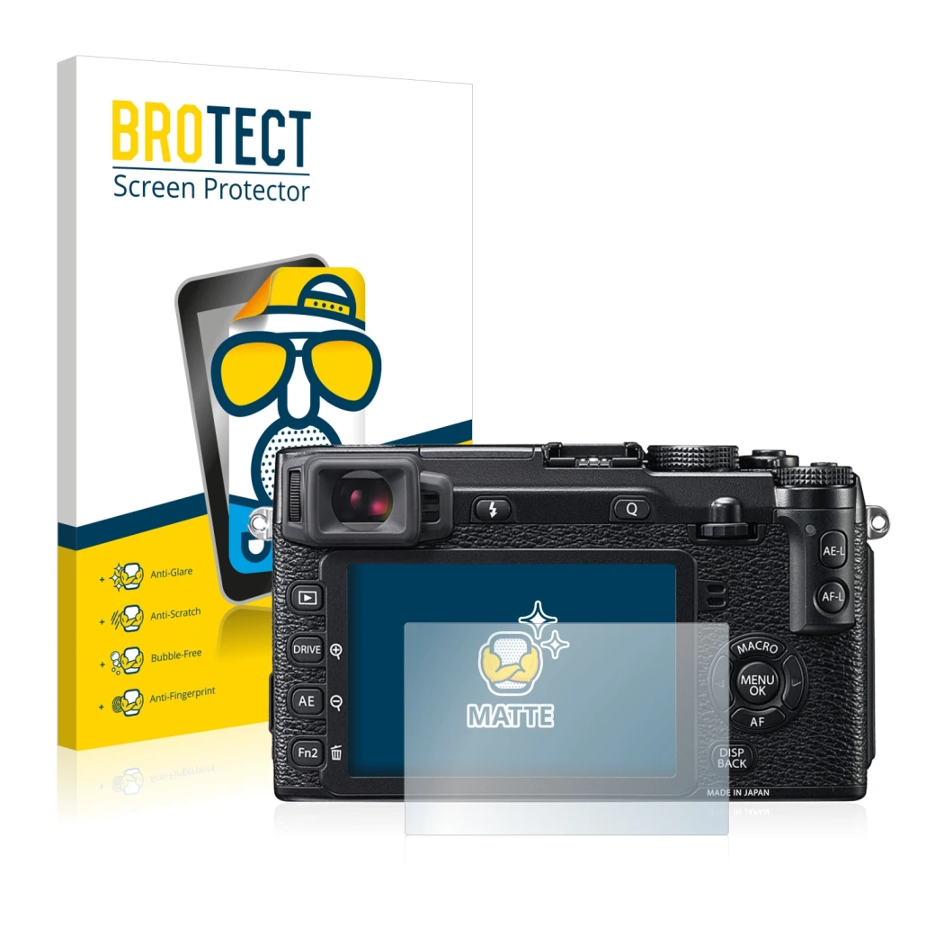 Parte frontale di una confezione del prodotto con il logo del marchio BROTECT. Accanto è raffigurato il dispositivo Fujifilm X
