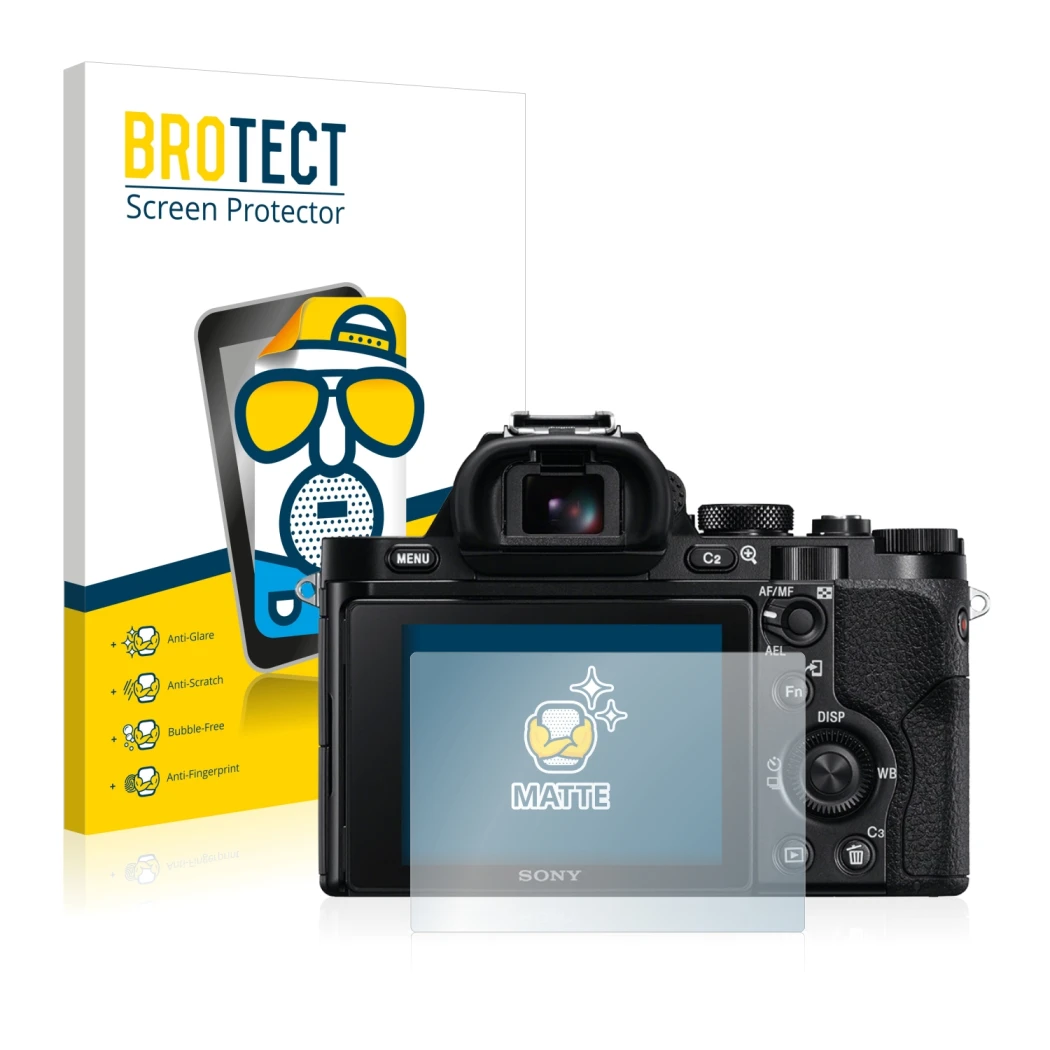Parte frontale di una confezione del prodotto con il logo del marchio BROTECT. Accanto è raffigurato il dispositivo Sony Alpha