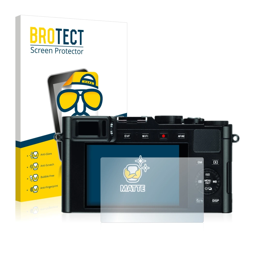 Parte frontale di una confezione del prodotto con il logo del marchio BROTECT. Accanto è raffigurato il dispositivo Leica D-Lu