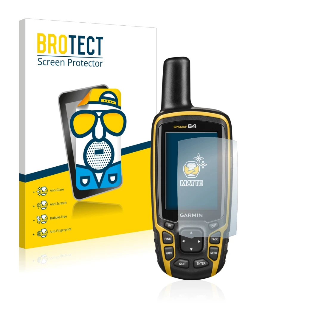 Parte frontale di una confezione del prodotto con il logo del marchio BROTECT. Accanto è raffigurato il dispositivo Garmin GPS